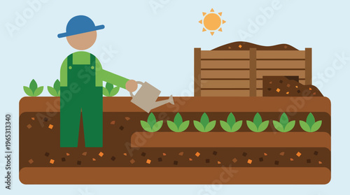 Person in green overalls watering young plants with watering can.