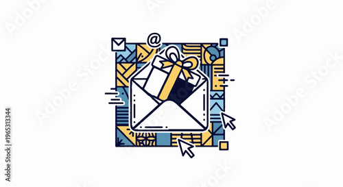 Abstract envelope delivering a gift with digital pointers and @ symbol