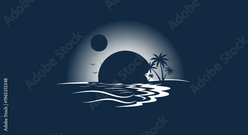 Stylized sunset over ocean with palm trees and birds