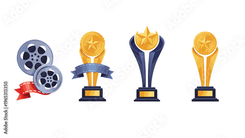 Collection of award and recognition icons featuring movie film reels with a red ribbon and three different gold trophies with star designs.