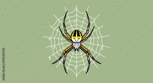 A yellow and black spider with eight legs sits on a white web