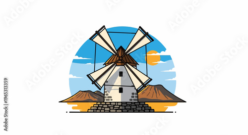 Stylized windmill with spinning sails under a bright sun and blue sky