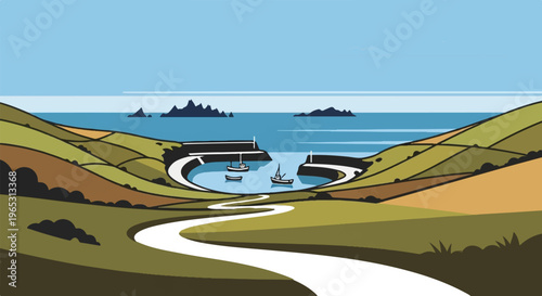 A winding road leads to a picturesque harbor with boats and islands