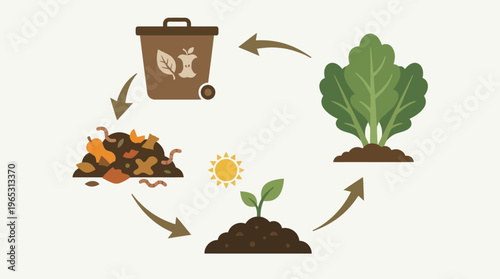 Illustration showing composting process with plant growth stages.
