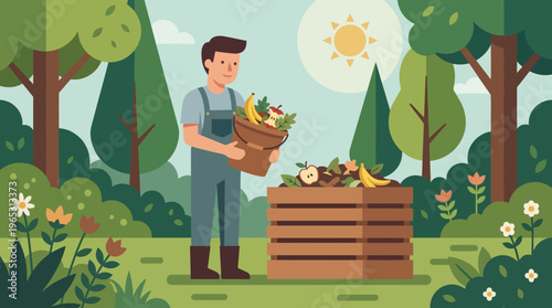 Smiling man in overalls holding basket of fresh produce.
