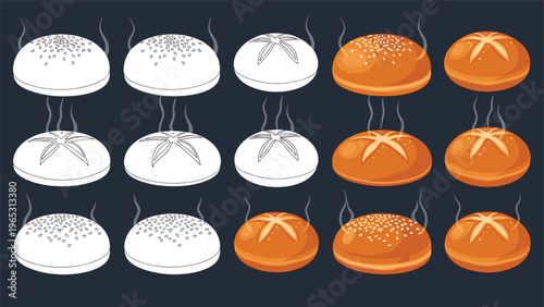 Grid of steaming hot bread buns shown in various artistic styles from simple outlines to detailed colored and shaded illustrations.