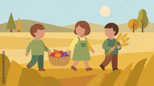 Three children carrying harvest items in autumn field illustration.