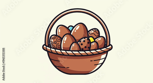 A woven basket overflows with decorated chocolate eggs, some with playful dots