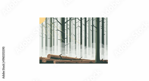 Sunbeams pierce a foggy forest where fallen logs lie on the ground