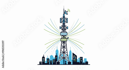 Tall communication tower broadcasts signals over stylized city skyline at night