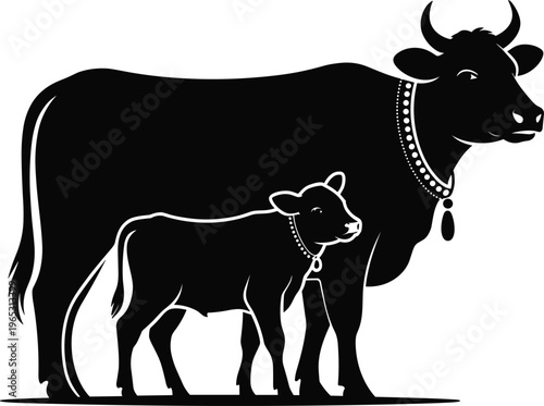 Black cow and calf silhouette vector illustration, dairy farm animal family, rural agriculture livestock icon