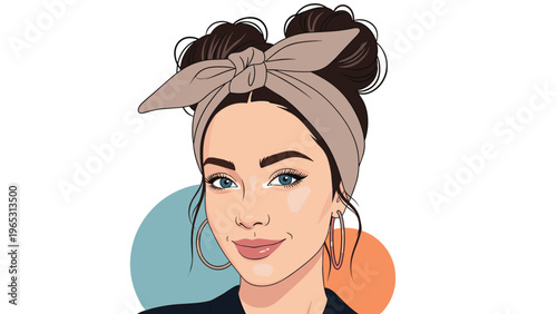 Portrait of a beautiful young woman with her hair in two buns and a beige headband smiling gently against colorful abstract circles.
