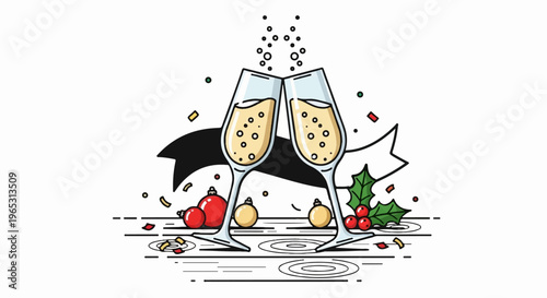 Two champagne glasses clinking with bubbles and festive decorations