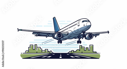 A stylized jet airplane ascends over a runway and city skyline