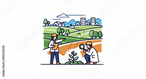 Two scientists examine plants in a field, with rural and urban landscapes in background