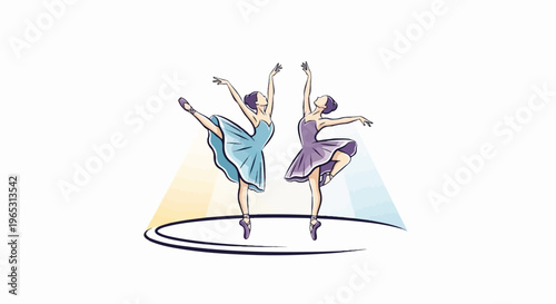 Two ballerinas perform a synchronized dance gracefully under soft spotlights