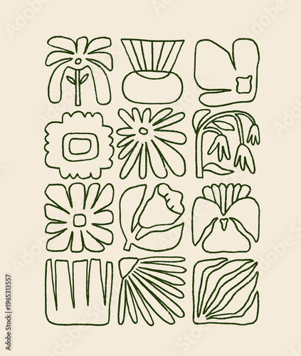Naive floral poster in doodle style set. Abstract nature pattern, outline car...
