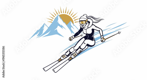 Woman skier in goggles and hat descends a snowy slope near mountains