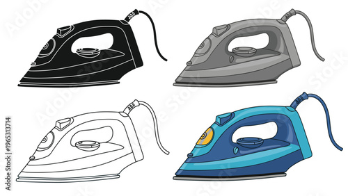 Collection of electric clothing iron illustrations in four different styles including silhouette, grayscale, line art, and full color.