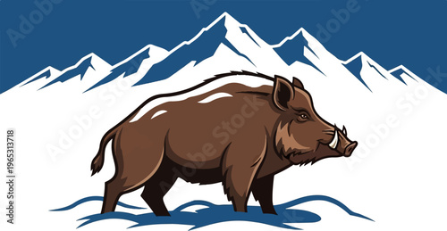 Wild boar stands in water against snowy mountains under blue sky