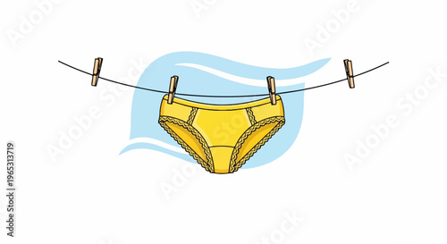 Yellow undergarments drying on a clothesline against a blue background