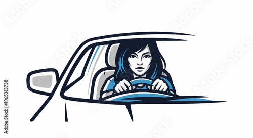 Woman driving a car, focused on the road ahead with steering wheel