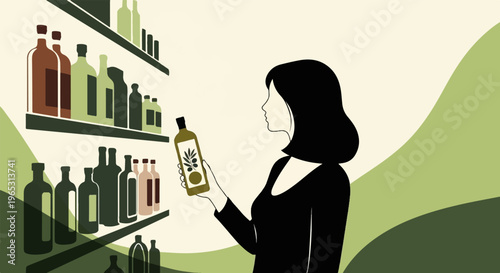 Woman chooses a bottle of olive oil from store shelves