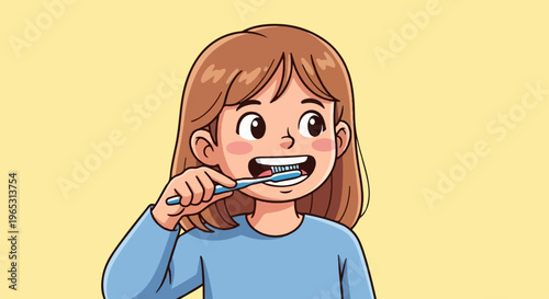 Young child brushing teeth with a blue toothbrush and blue shirt