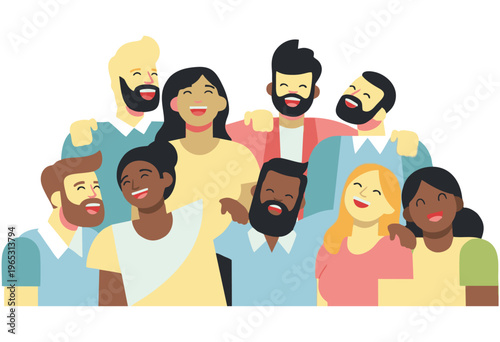 A diverse group of smiling people of various ethnicities and genders posing together in a celebratory embrace, representing unity and friendship