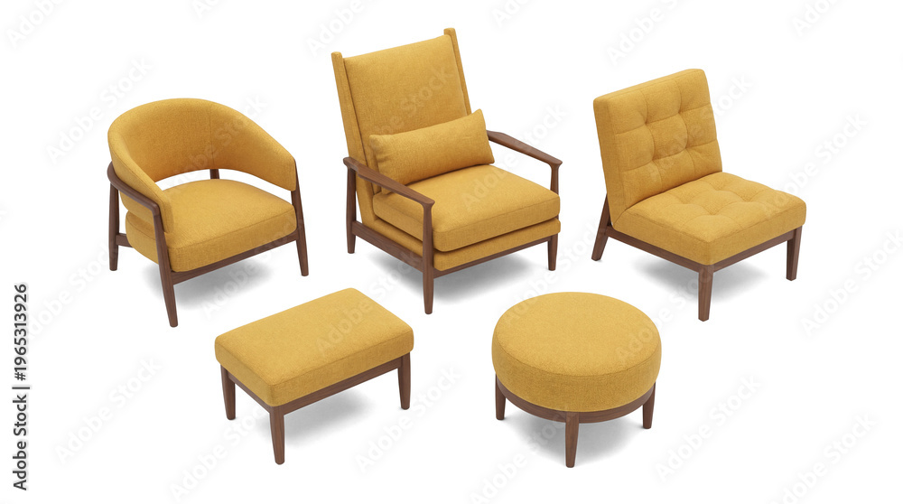 Obraz premium Collection of five elegant mid-century modern mustard yellow armchairs and ottomans, isolated on transparent background.