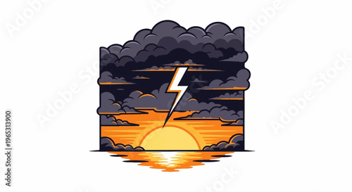 A dramatic lightning bolt strikes a fiery sunset over a dark, turbulent ocean