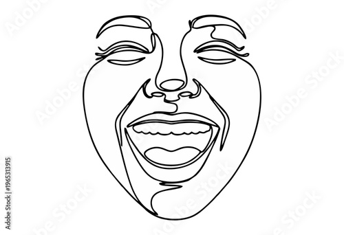 Continuous line drawing illustration of a person bursting into laughter, eyes closed in genuine happiness, a minimalist black and white vector graphic capturing human joy and vibrant expression