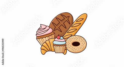 A collection of baked goods, including cupcakes, croissants, breads, and a bagel