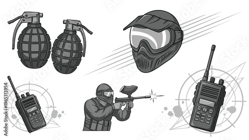 Paintball equipment and tactical gear illustrations including grenades, a mask, a player, and walkie talkie radio communication devices.