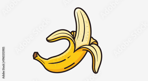 A cartoon illustration of a partially peeled banana with a white background