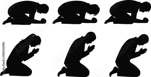 Silhouette illustration of six kneeling figures in prayer and meditation poses, spiritual devotion, religious worship, reverence, and mindfulness concept design