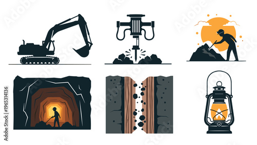 Mining industry icon set featuring heavy machinery like excavators and jackhammers along with underground tunnel views.