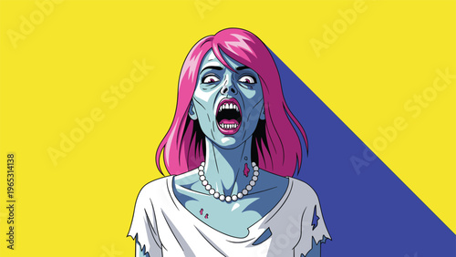 Frightening zombie woman with pink hair and blue skin screaming in terror against a bright yellow and blue background.