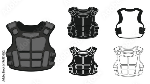Tactical body armor icons collection showing protective ballistic vests in various graphic styles from outlines to solids.