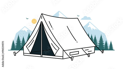 Outdoor camping scene illustration with a white tent pitched in a mountain landscape surrounded by evergreen trees.