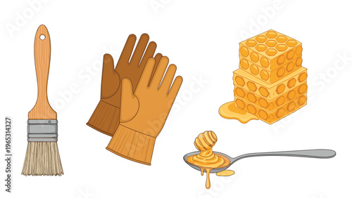 Collection of honey production items featuring a wooden brush leather gloves honeycomb blocks and honey on a spoon.