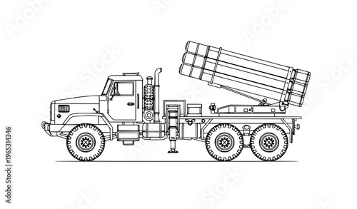 Military Truck with Missile Launcher Detailed Black and White Contour Vector Illustration
