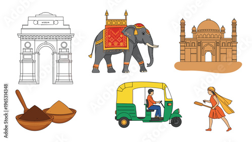Indian culture icons set featuring the India Gate a decorated elephant the Taj Mahal exotic spices and a rickshaw.