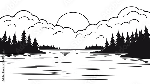 Hand drawn landscape of a lake with pine forest and sun behind clouds in line art style