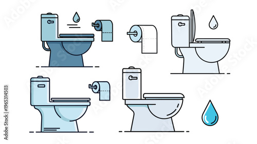 Bathroom plumbing fixtures icons showing different types of toilets and toilet paper rolls in various graphic styles.