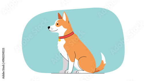 Adorable Welsh Corgi dog sitting calmly against a light blue background in a simple and charming cartoon illustration.