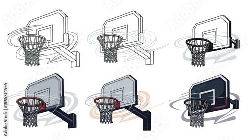 Basketball backboard and hoop icons shown in various colors and styles depicting motion with stylized swishing lines.