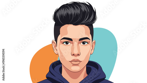 Portrait of a stylish young man with a voluminous modern hairstyle wearing a dark blue hoodie on a colorful backdrop.