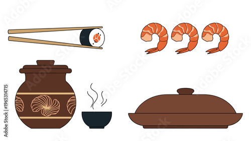 Delicious Asian cuisine illustration featuring sushi rolls on chopsticks shrimp clay cooking pots and a cup of tea.