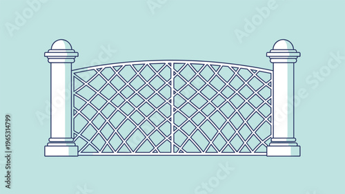 Elegant ornamental metal gate designed with a lattice pattern standing between two tall white architectural pillars.